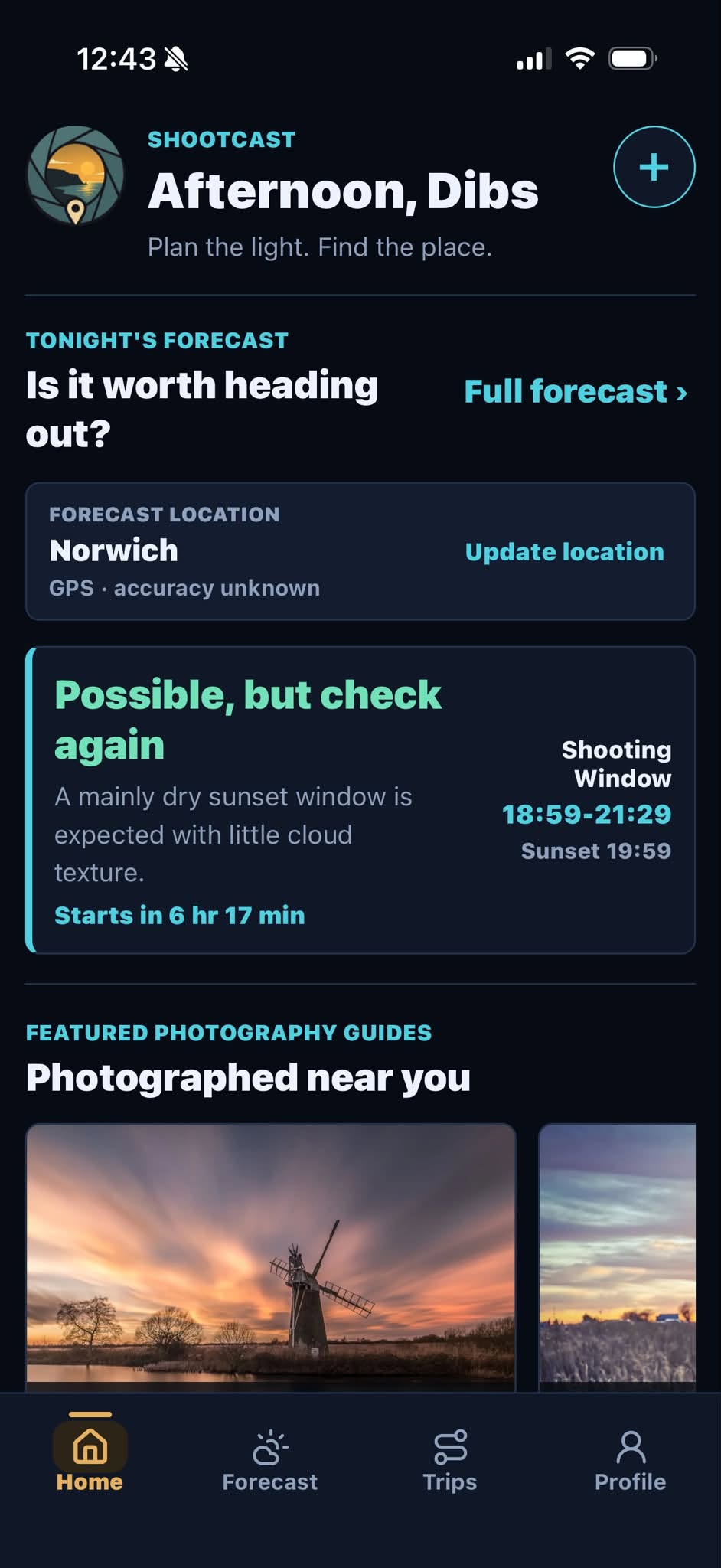 Shootcast photography forecast app screen